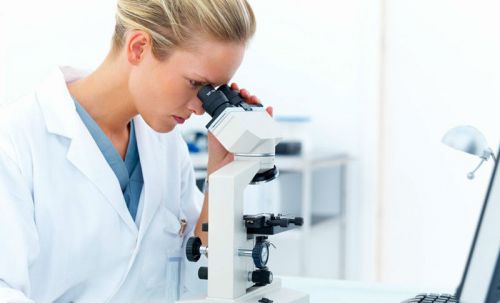 Лаборант смотрит в микроскоп